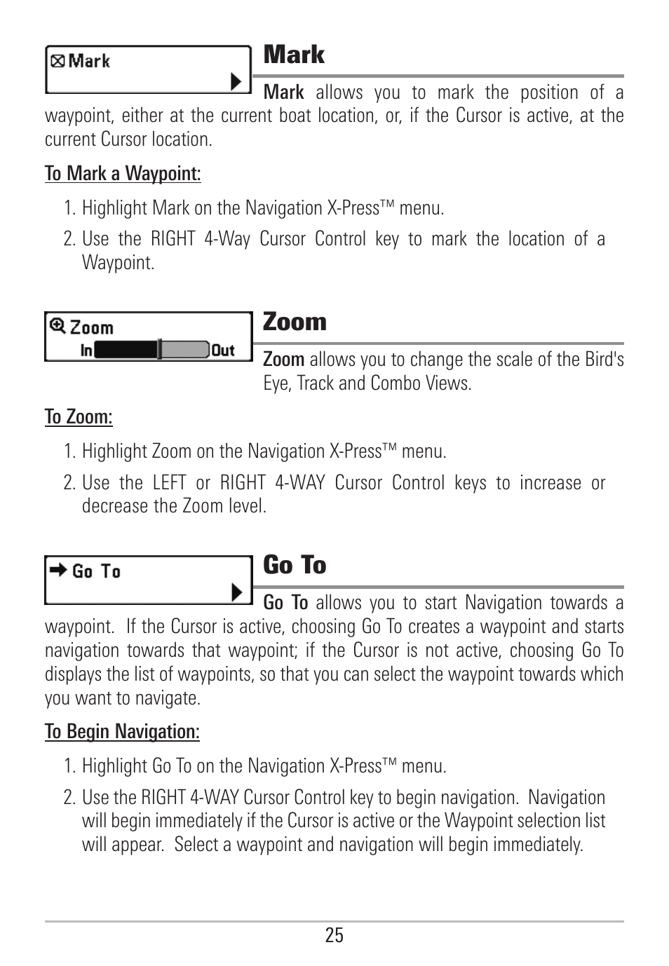 Mark, Zoom, Go to | Humminbird 531478-2_B User Manual | Page 31 / 66
