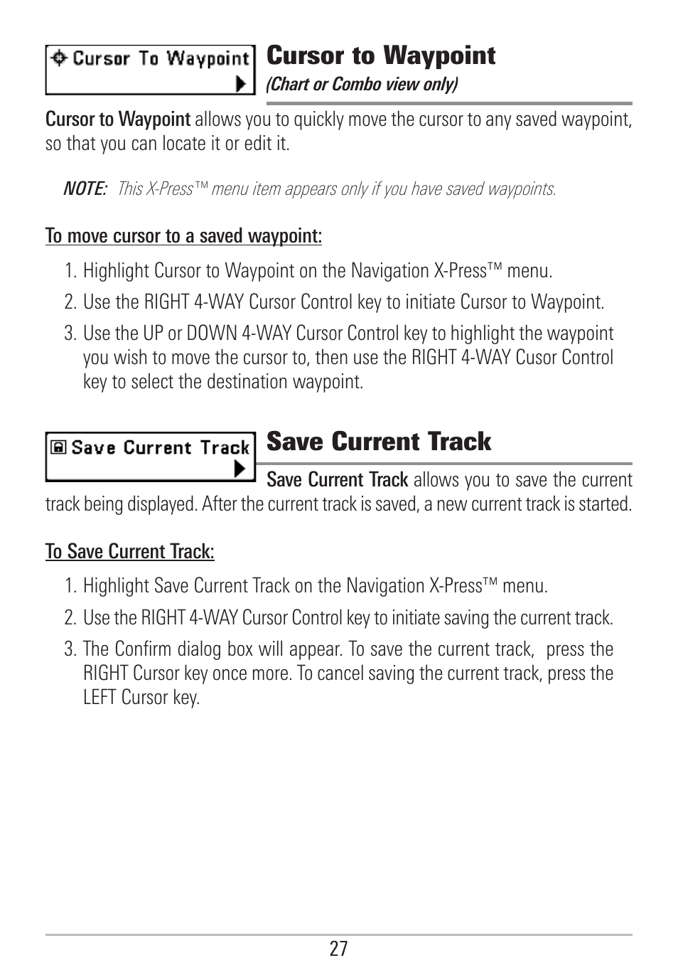 Cursor to waypoint, Save current track | Humminbird 531478-2_B User Manual | Page 33 / 66