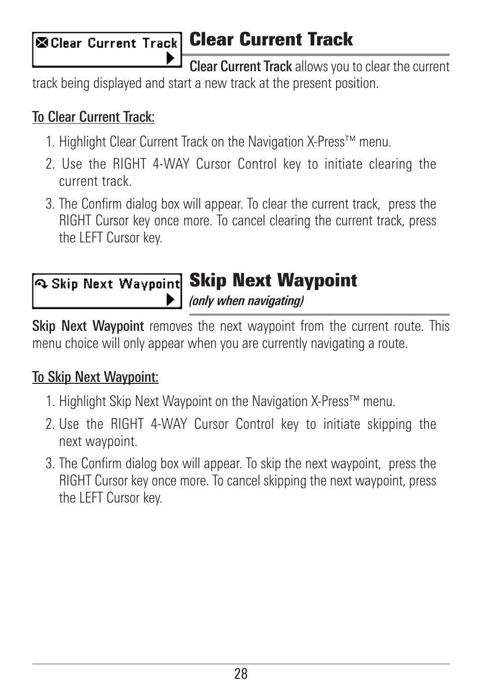 Clear current track, Skip next waypoint | Humminbird 531478-2_B User Manual | Page 34 / 66