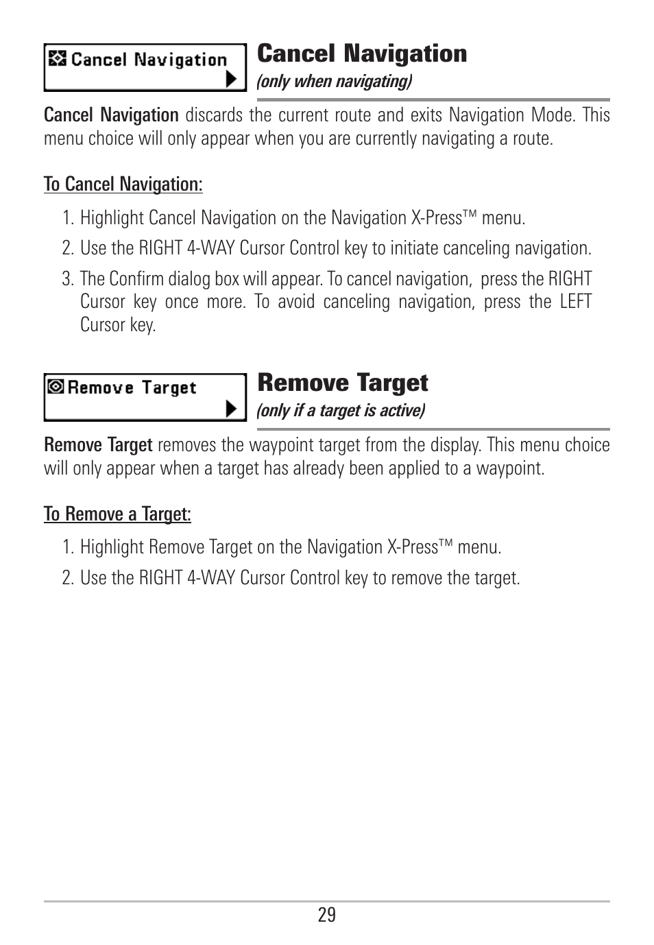Cancel navigation, Remove target | Humminbird 531478-2_B User Manual | Page 35 / 66