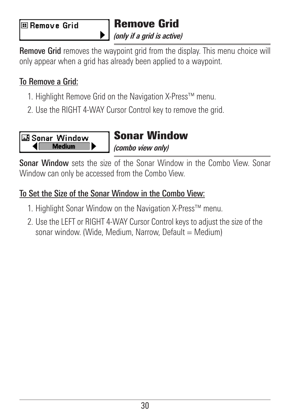 Remove grid, Sonar window | Humminbird 531478-2_B User Manual | Page 36 / 66