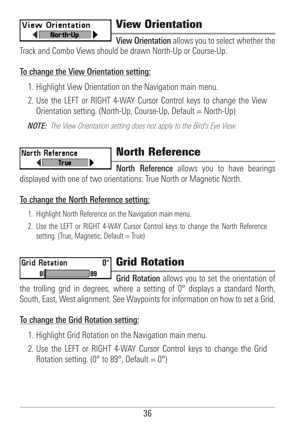 View orientation, North reference, Grid rotation | Humminbird 531478-2_B User Manual | Page 42 / 66
