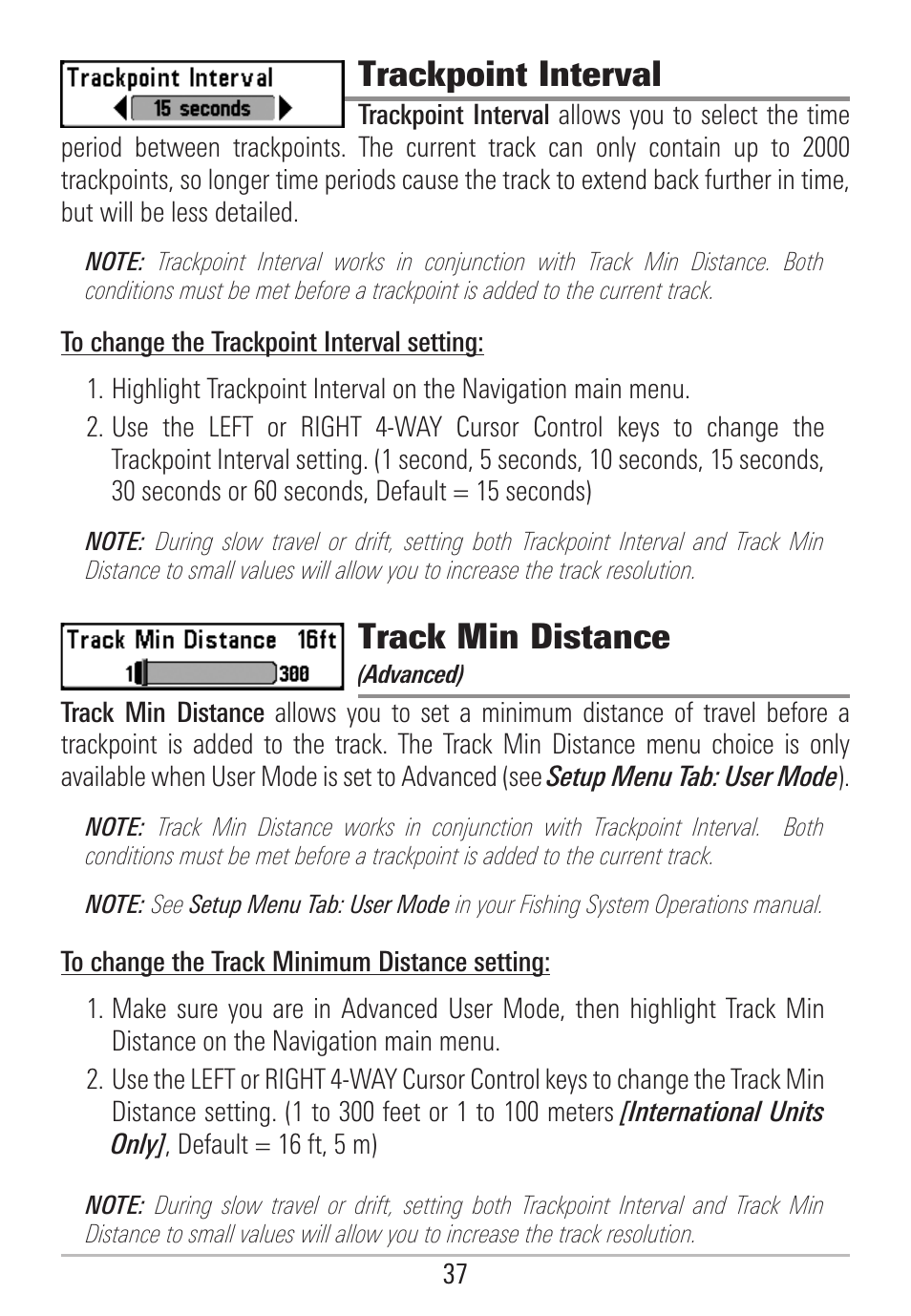 Trackpoint interval, Track min distance | Humminbird 531478-2_B User Manual | Page 43 / 66