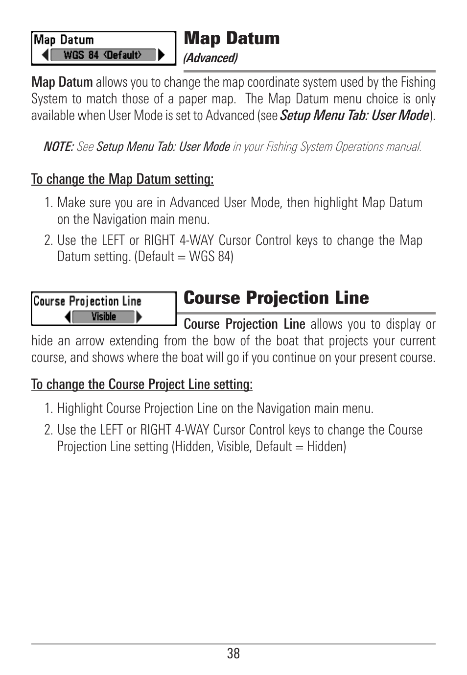Map datum, Course projection line | Humminbird 531478-2_B User Manual | Page 44 / 66