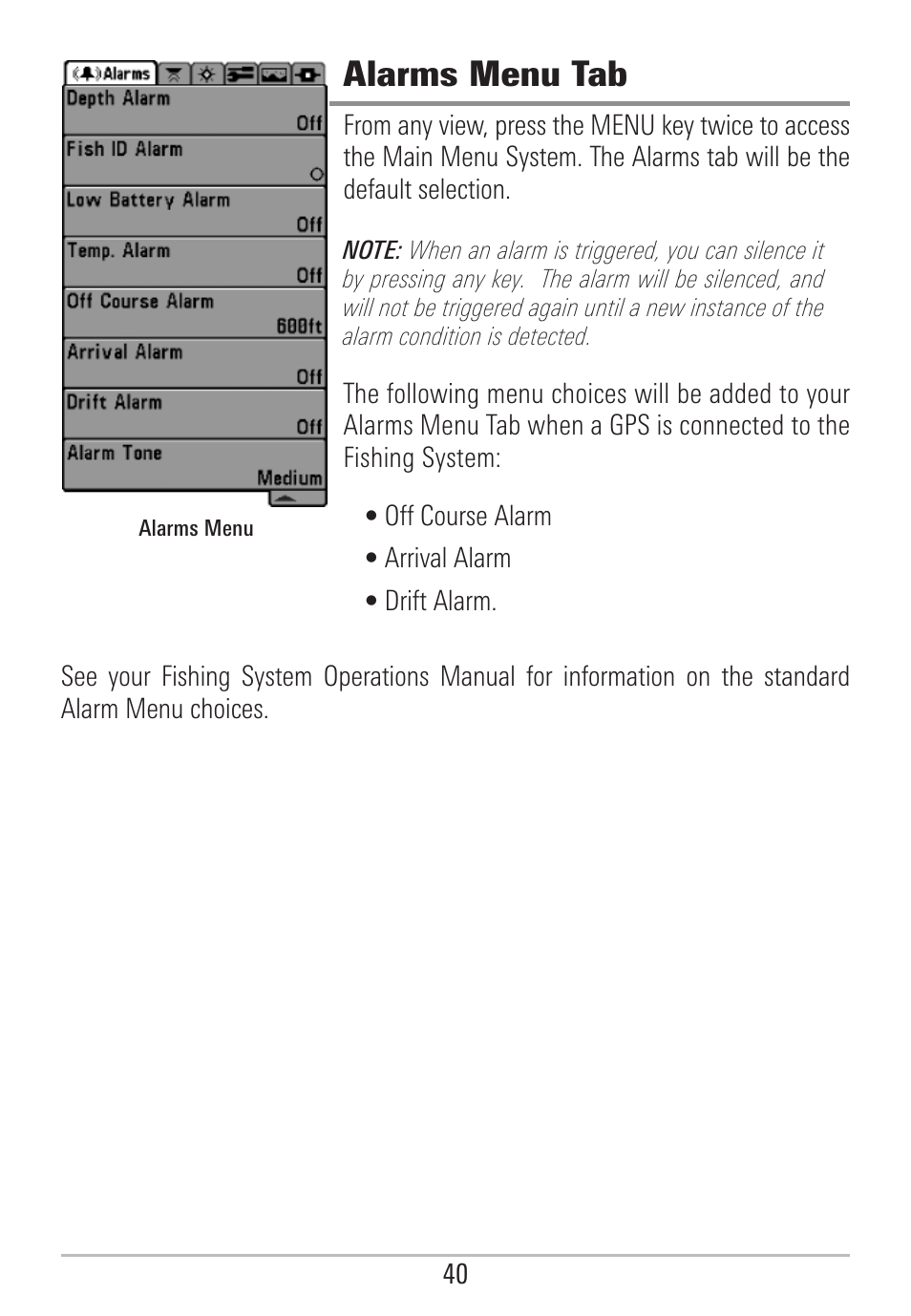 Alarms menu tab | Humminbird 531478-2_B User Manual | Page 46 / 66
