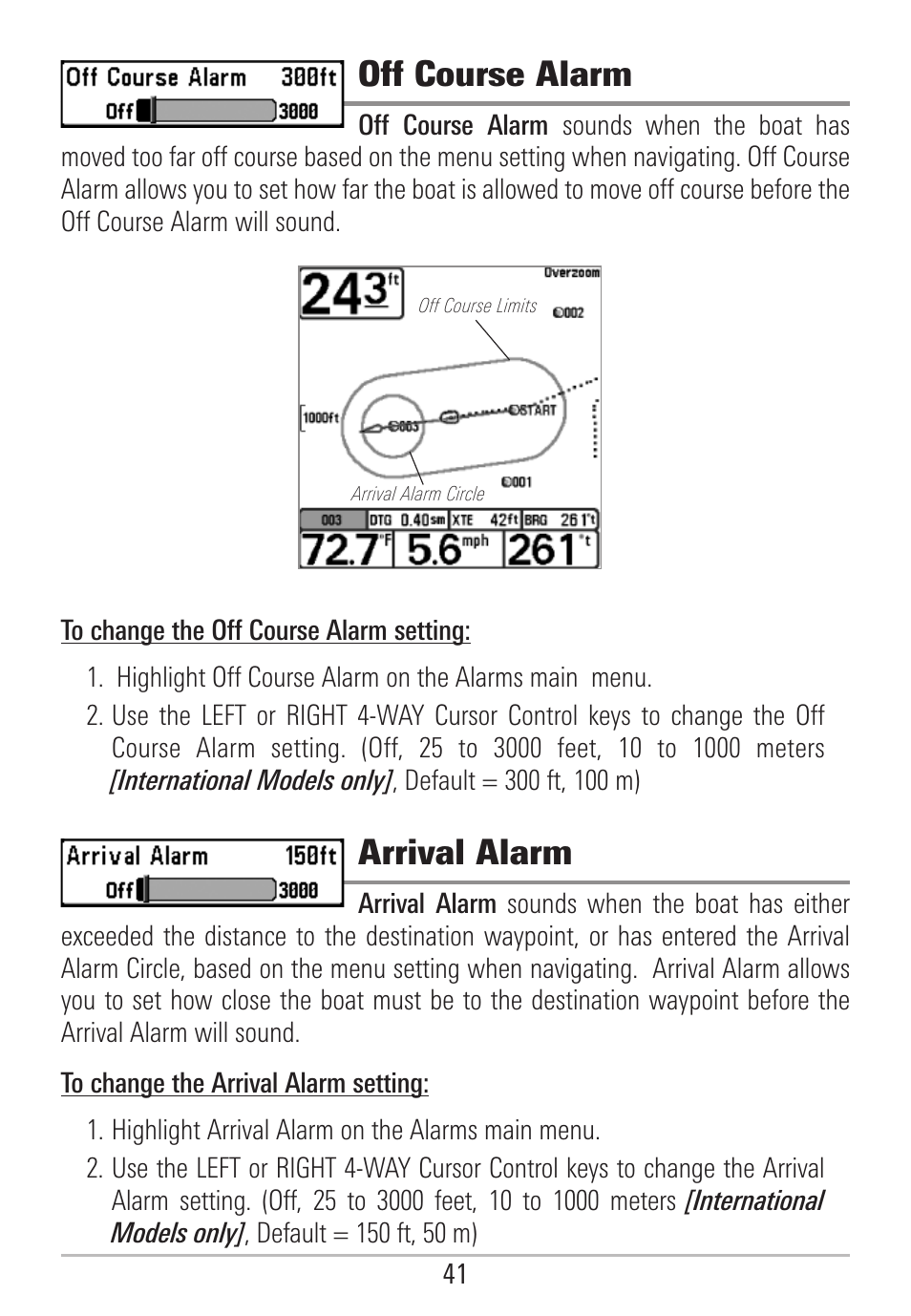 Off course alarm, Arrival alarm | Humminbird 531478-2_B User Manual | Page 47 / 66