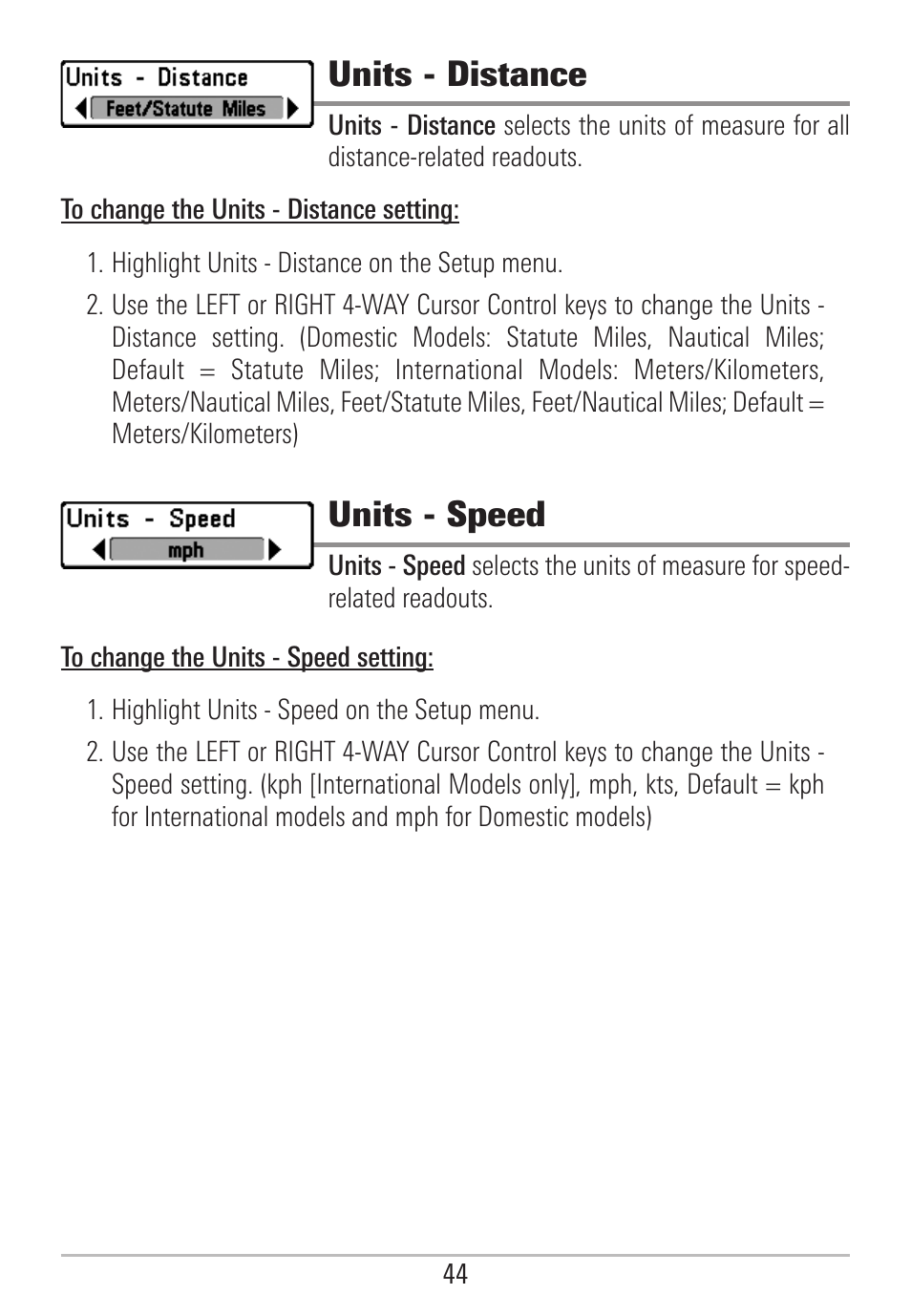 Units - distance, Units - speed | Humminbird 531478-2_B User Manual | Page 50 / 66