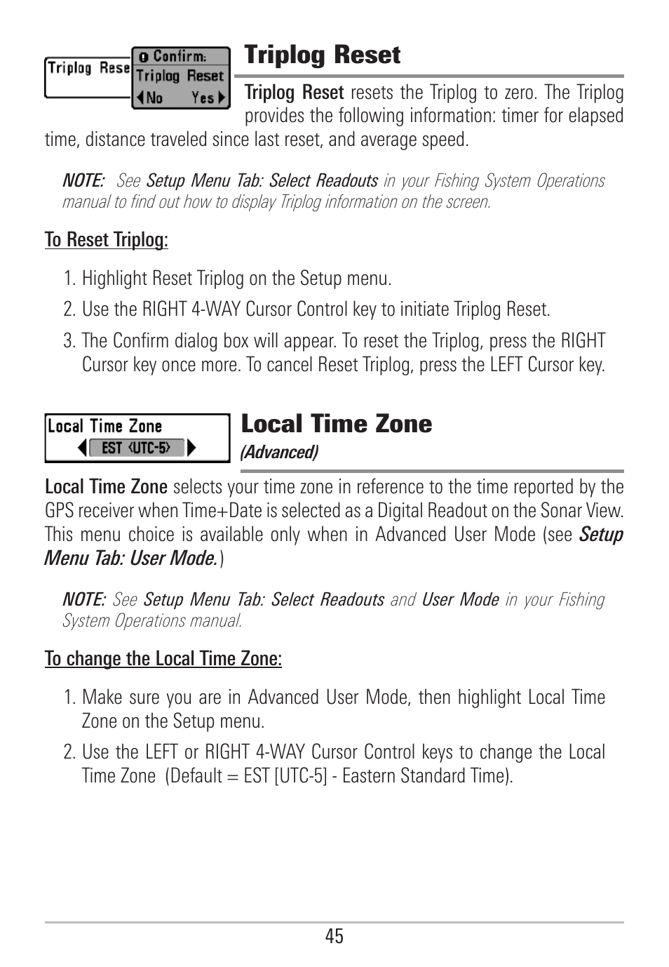 Triplog reset, Local time zone | Humminbird 531478-2_B User Manual | Page 51 / 66