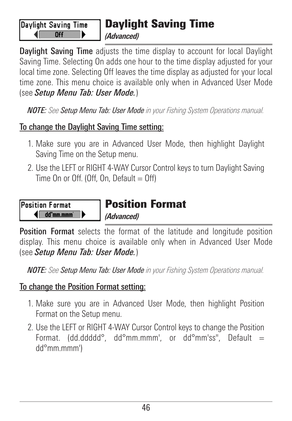 Daylight saving time, Position format | Humminbird 531478-2_B User Manual | Page 52 / 66