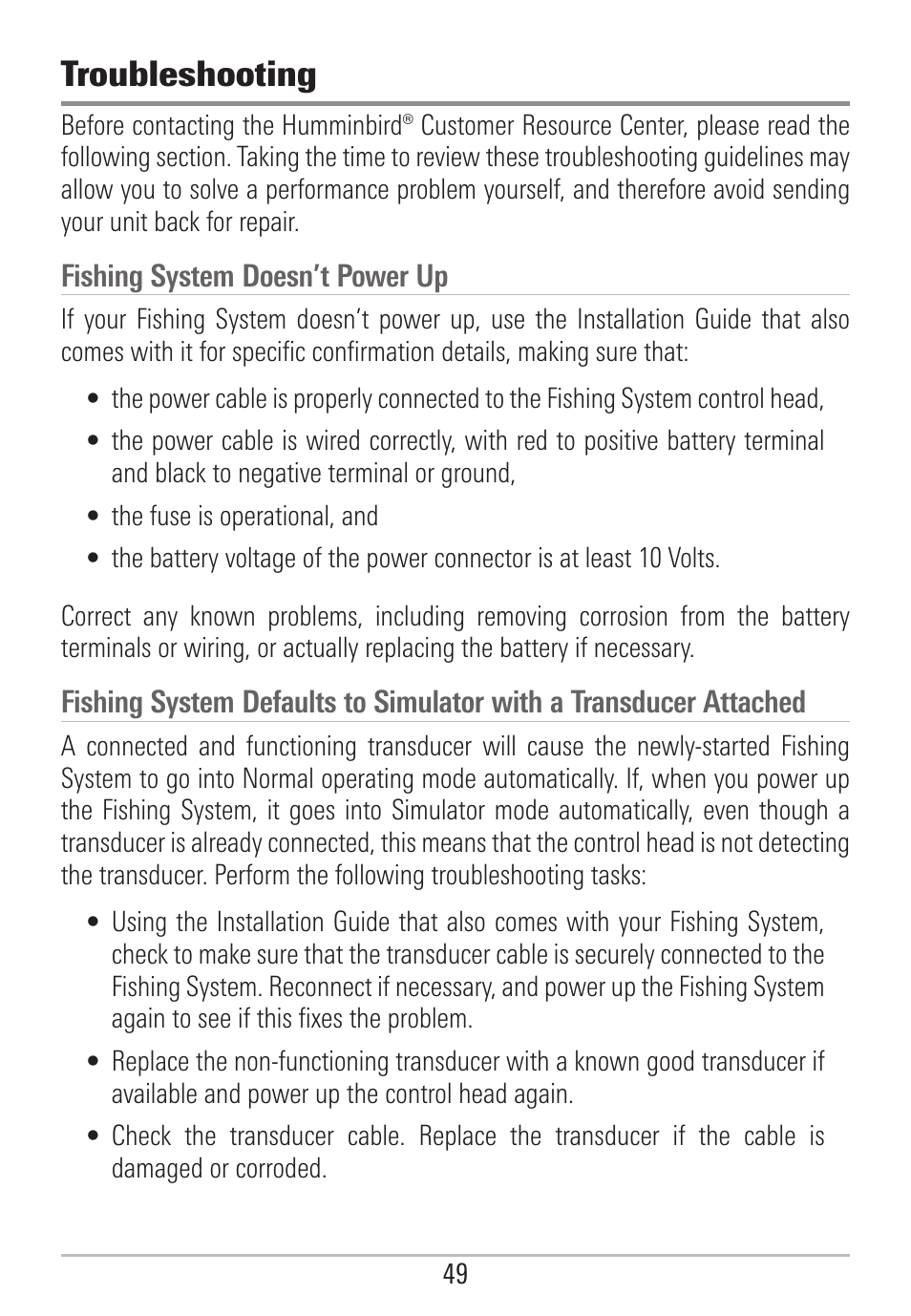 Troubleshooting | Humminbird 531478-2_B User Manual | Page 55 / 66