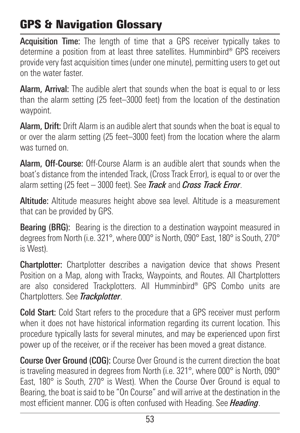 Gps & navigation glossary | Humminbird 531478-2_B User Manual | Page 59 / 66
