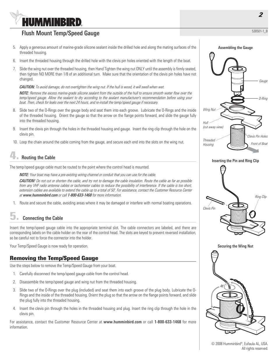 Flush mount temp/speed gauge 2, Removing the temp/speed gauge | Humminbird 530501-1_B User Manual | Page 2 / 4