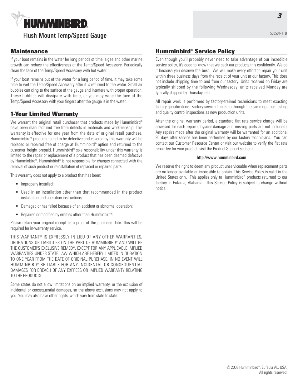 Flush mount temp/speed gauge 3, Maintenance, Year limited warranty | Humminbird® service policy | Humminbird 530501-1_B User Manual | Page 3 / 4