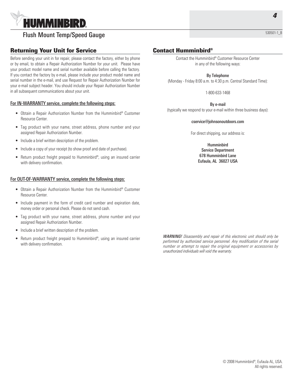 Flush mount temp/speed gauge 4, Returning your unit for service, Contact humminbird | Humminbird 530501-1_B User Manual | Page 4 / 4