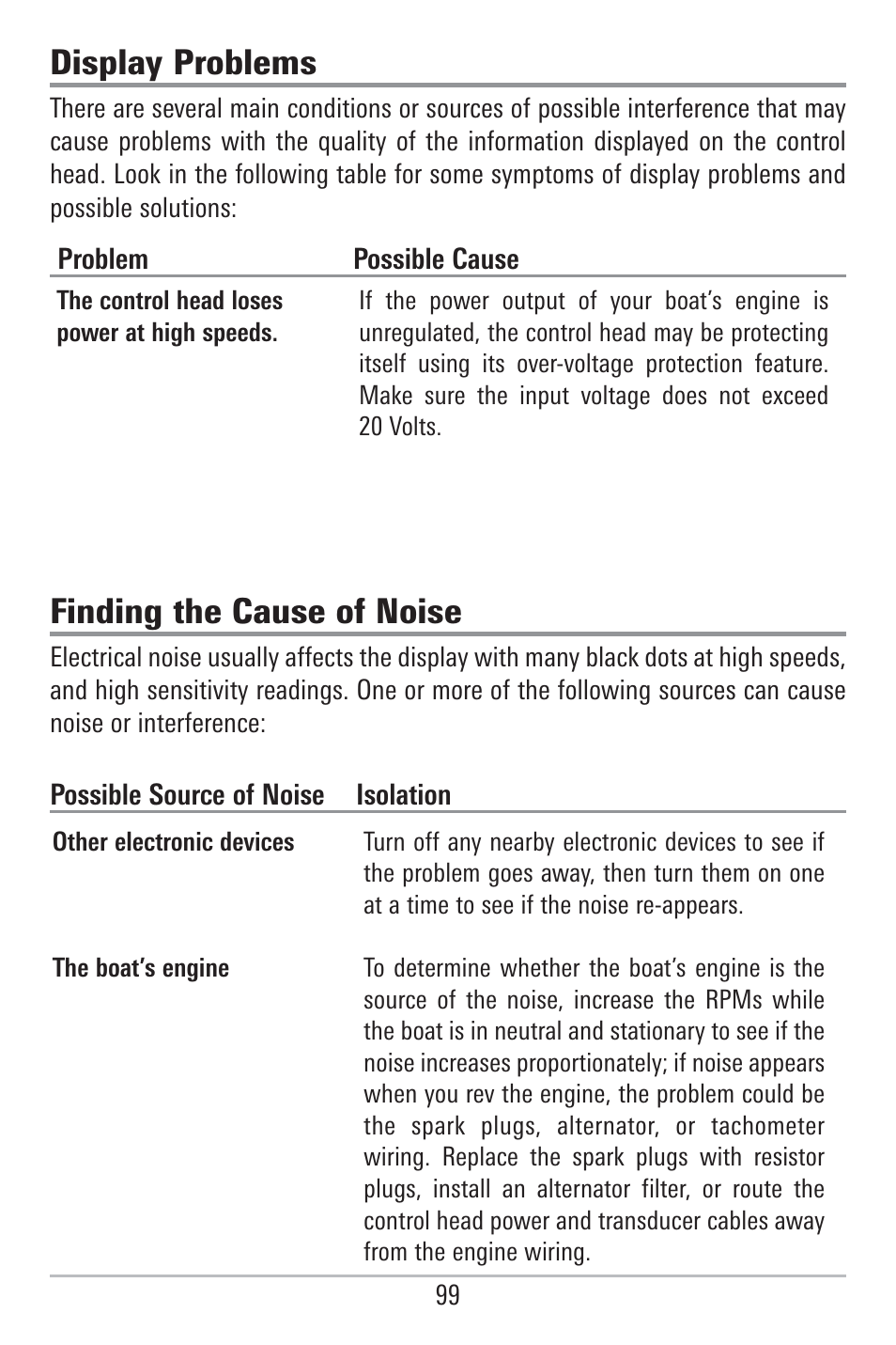 Display problems, Finding the cause of noise | Humminbird 785C2I User Manual | Page 107 / 120