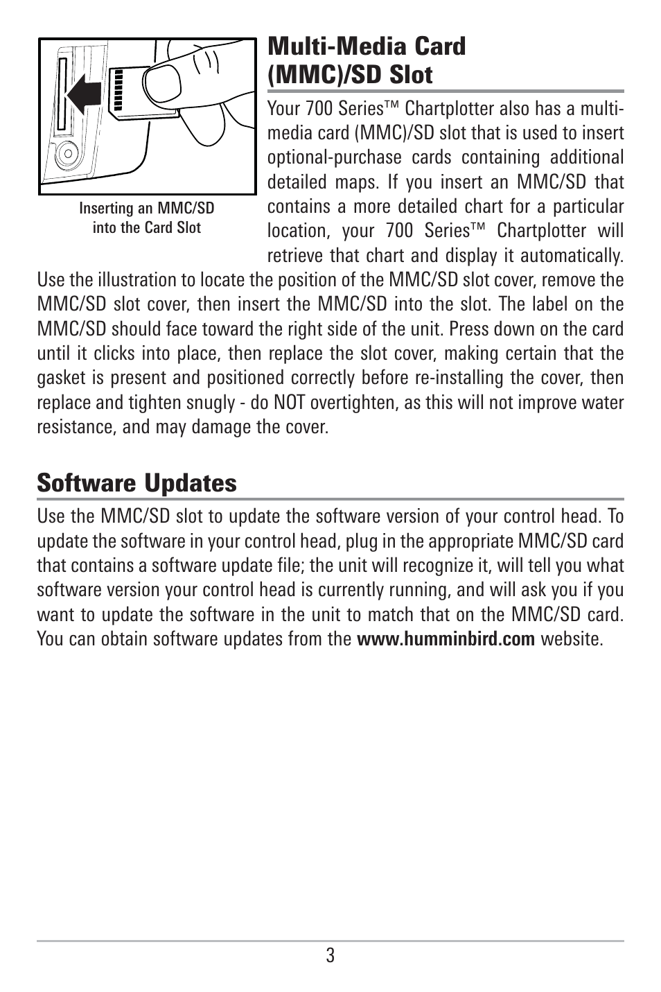 Multi-media card (mmc)/sd slot, Software updates | Humminbird 785C2I User Manual | Page 11 / 120