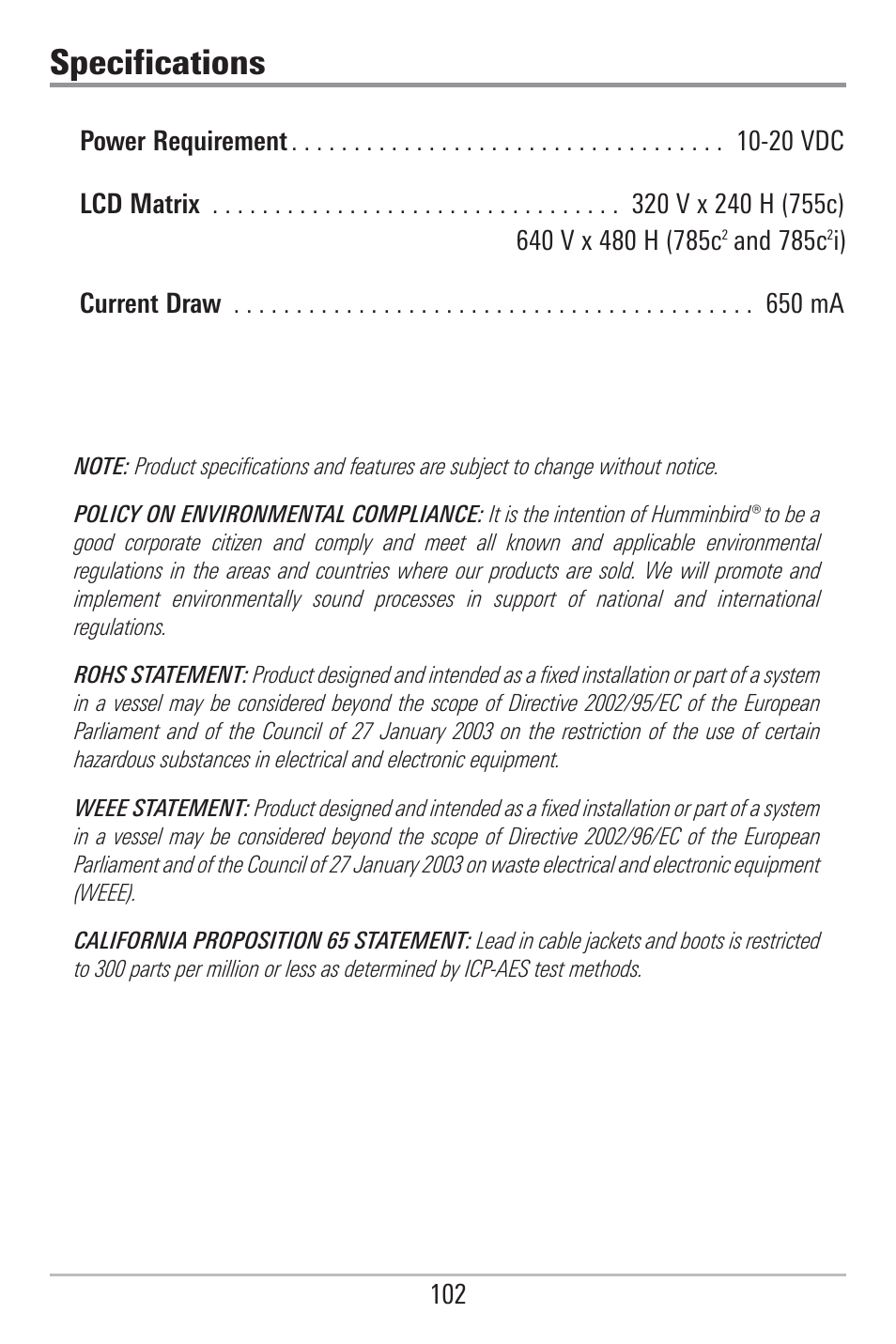 Specifications | Humminbird 785C2I User Manual | Page 110 / 120