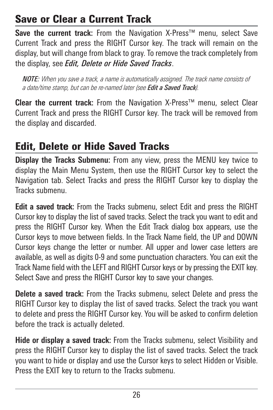 Save or clear a current track, Edit, delete or hide saved tracks | Humminbird 785C2I User Manual | Page 34 / 120