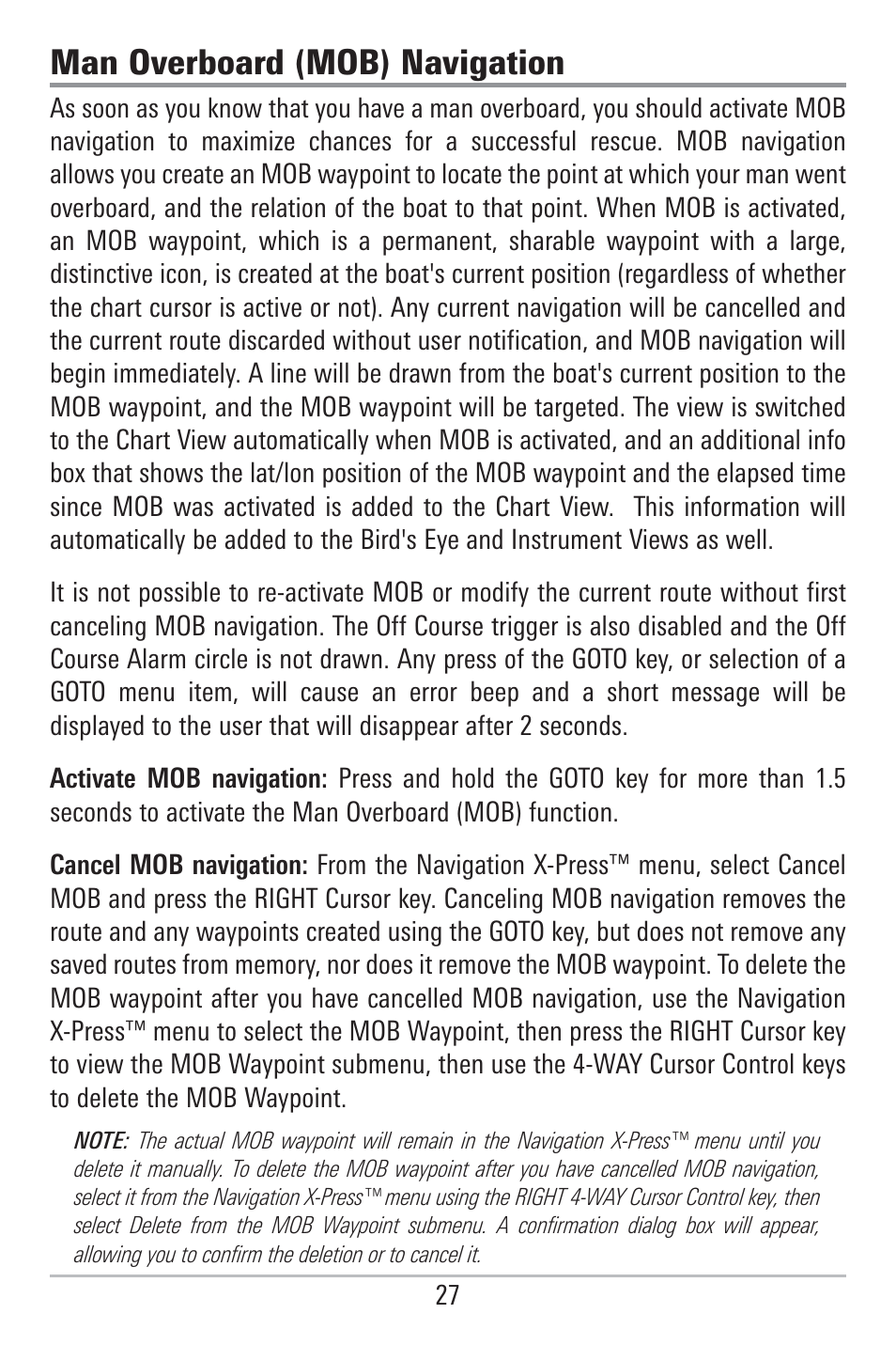 Man overboard (mob) navigation | Humminbird 785C2I User Manual | Page 35 / 120