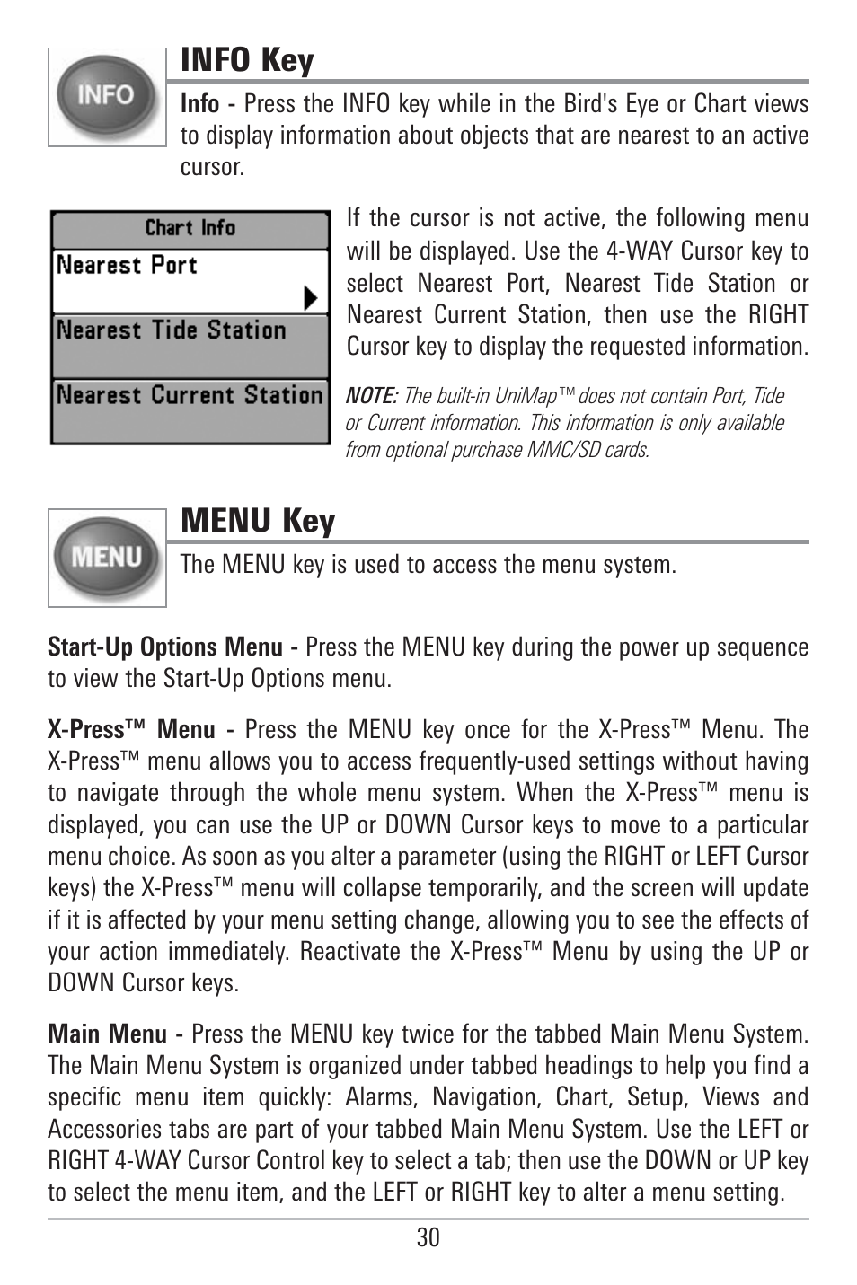 Info key, Menu key | Humminbird 785C2I User Manual | Page 38 / 120