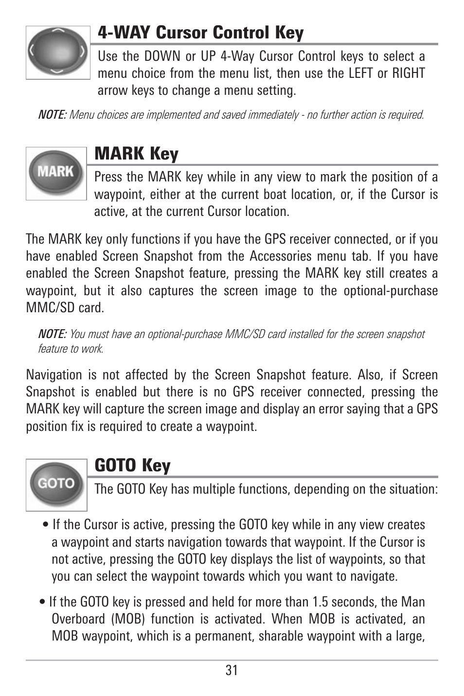 Way cursor control key, Mark key, Goto key | Humminbird 785C2I User Manual | Page 39 / 120