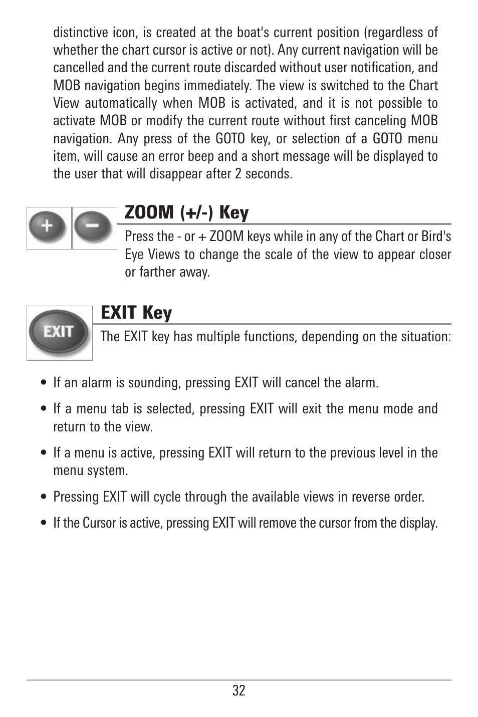 Zoom (+/-) key, Exit key | Humminbird 785C2I User Manual | Page 40 / 120