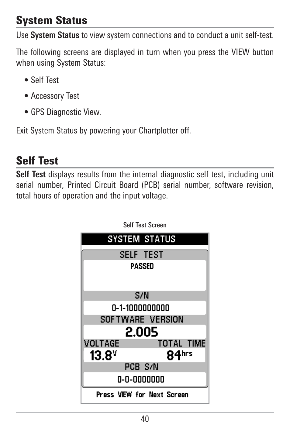 System status, Self test | Humminbird 785C2I User Manual | Page 48 / 120