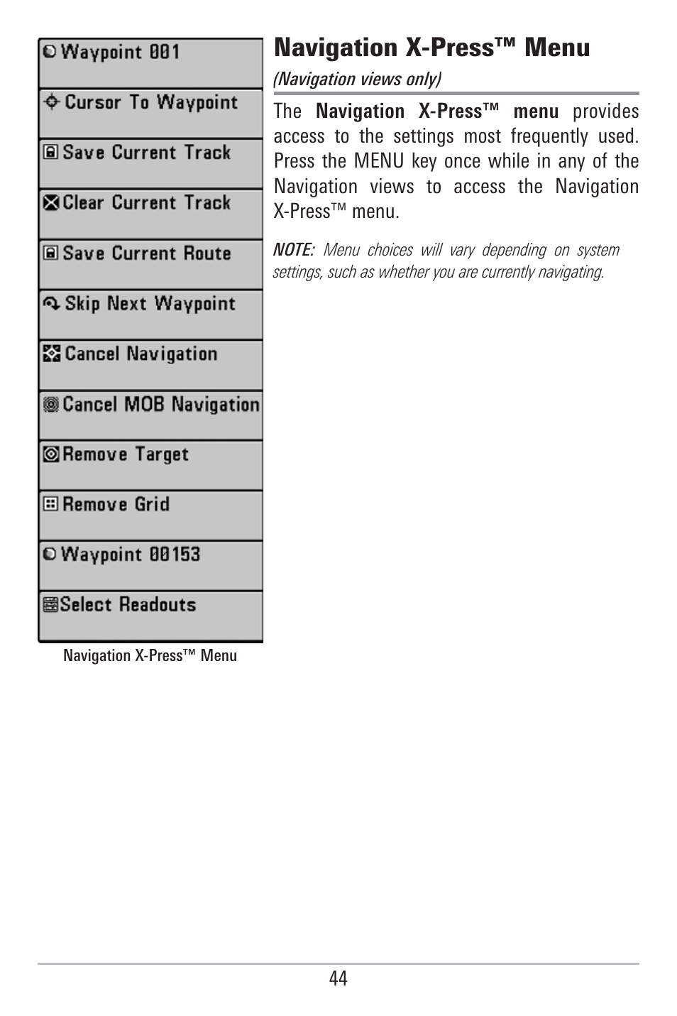 Navigation x-press™ menu | Humminbird 785C2I User Manual | Page 52 / 120