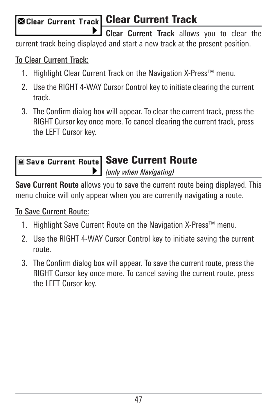 Clear current track, Save current route | Humminbird 785C2I User Manual | Page 55 / 120