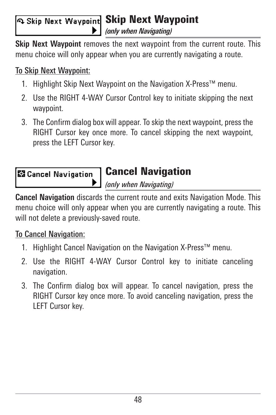 Skip next waypoint, Cancel navigation | Humminbird 785C2I User Manual | Page 56 / 120