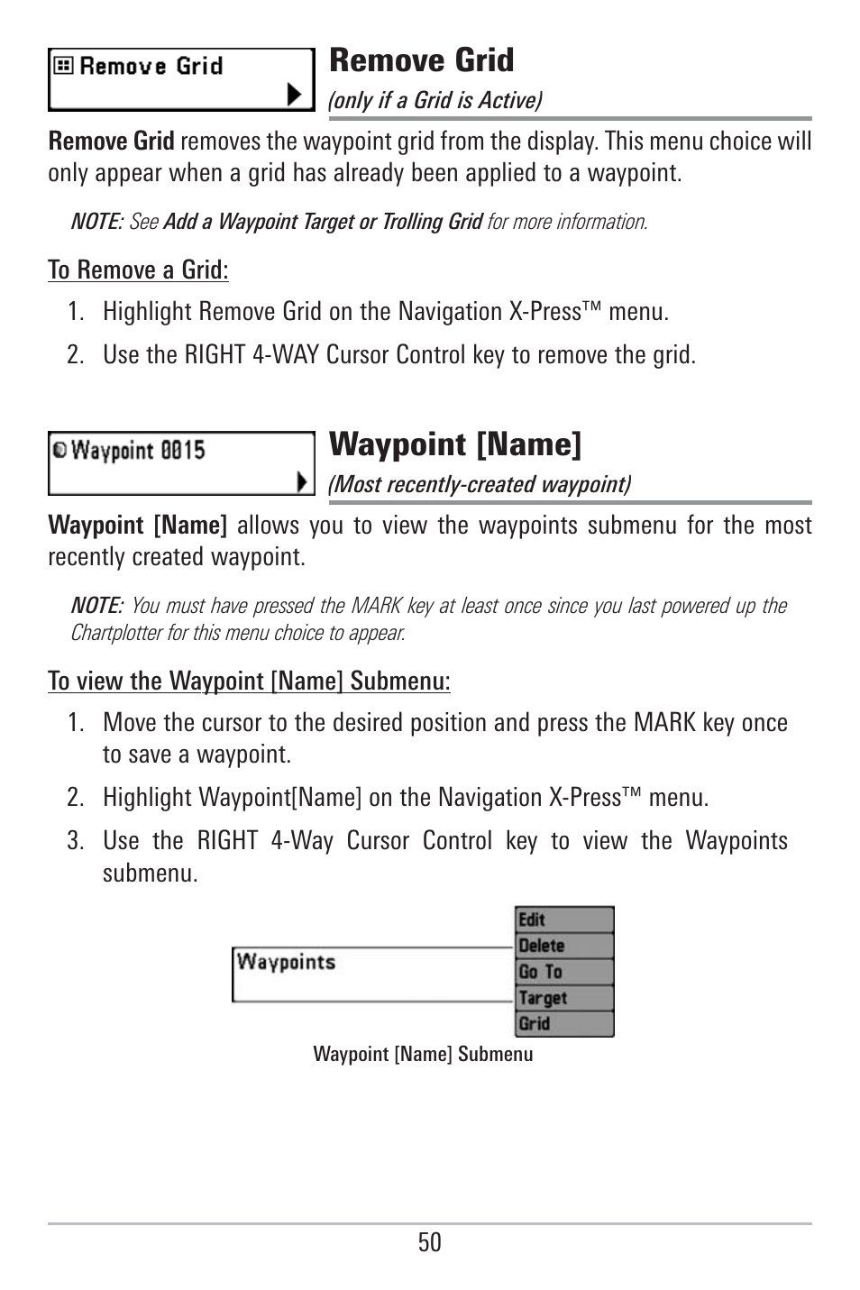 Remove grid, Waypoint [name | Humminbird 785C2I User Manual | Page 58 / 120