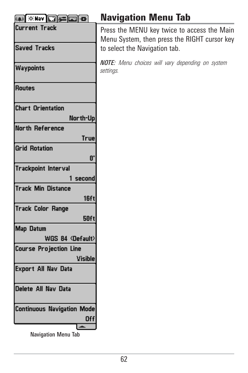 Navigation menu tab | Humminbird 785C2I User Manual | Page 70 / 120