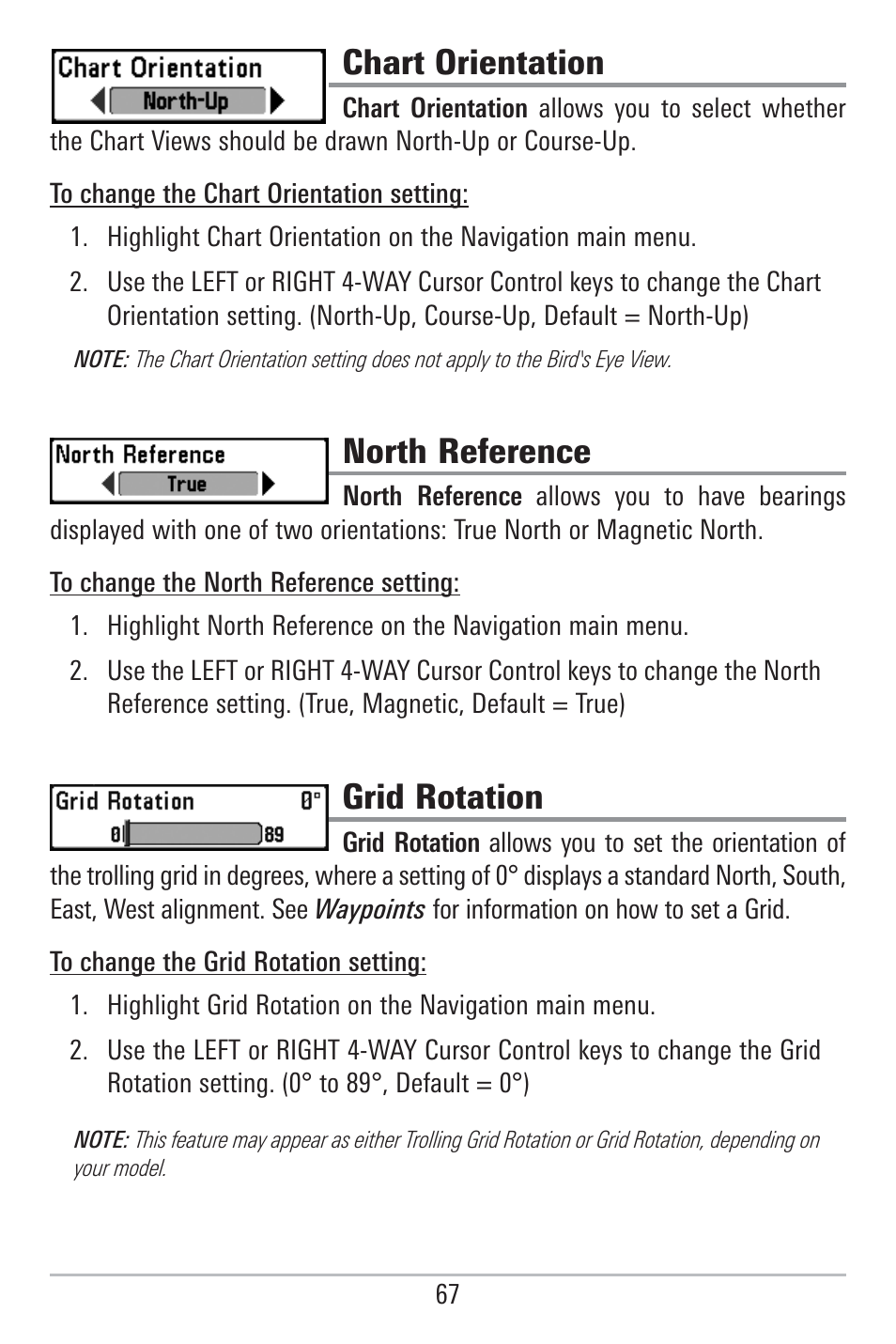 Chart orientation, North reference, Grid rotation | Humminbird 785C2I User Manual | Page 75 / 120