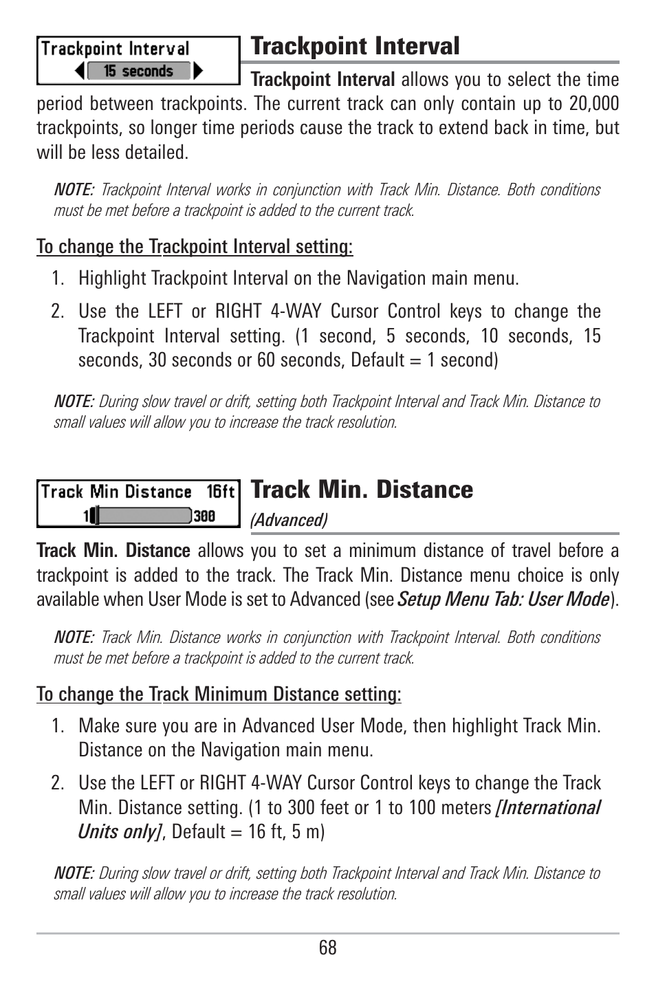 Trackpoint interval, Track min. distance | Humminbird 785C2I User Manual | Page 76 / 120