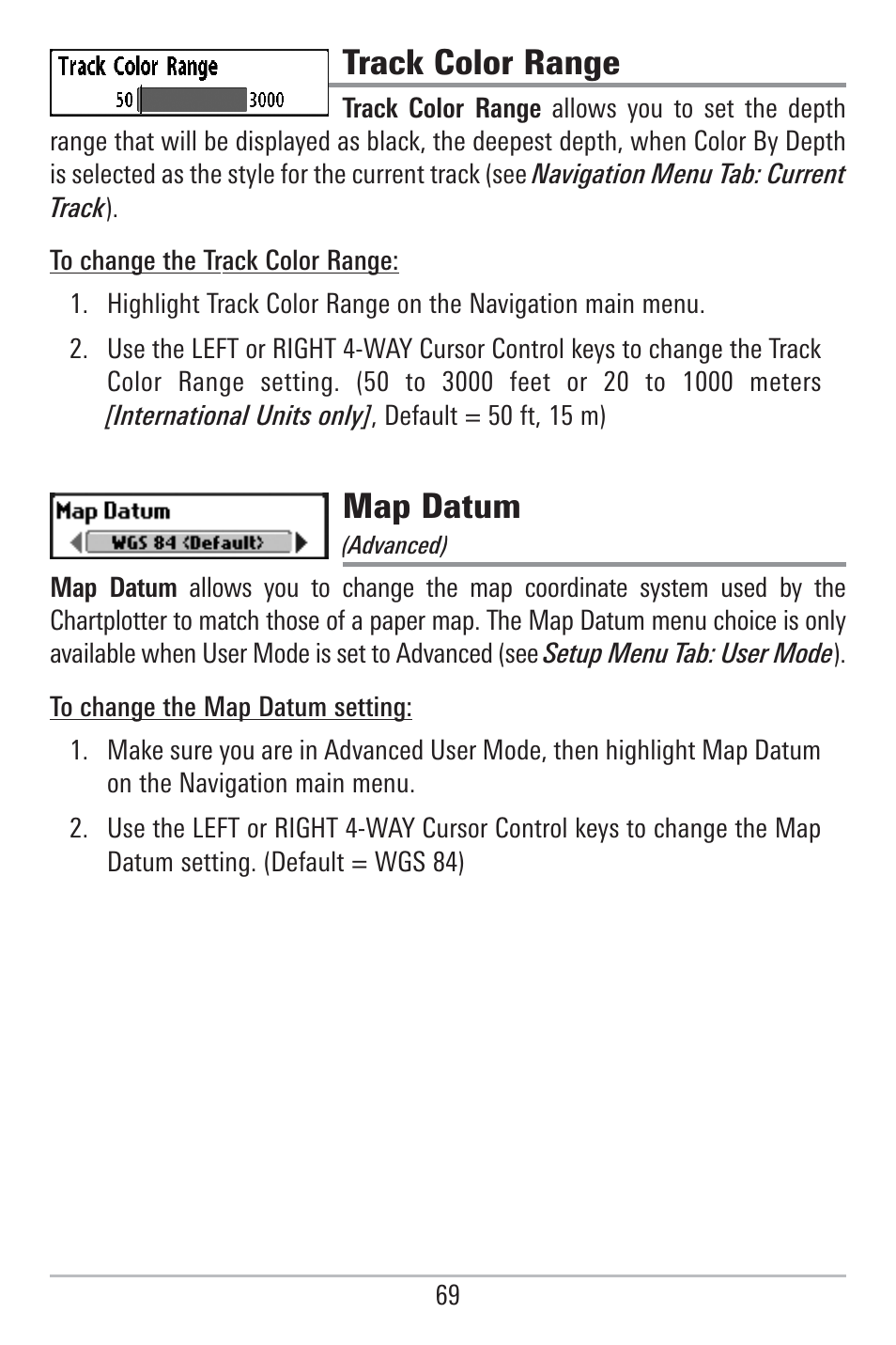 Track color range, Map datum | Humminbird 785C2I User Manual | Page 77 / 120