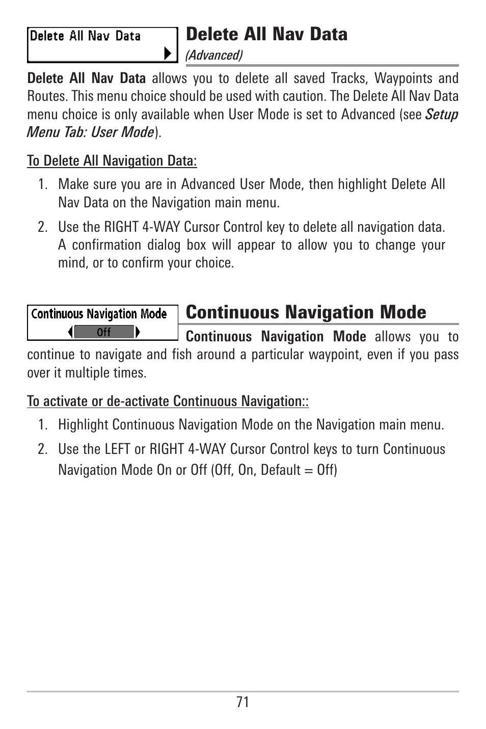 Delete all nav data, Continuous navigation mode | Humminbird 785C2I User Manual | Page 79 / 120