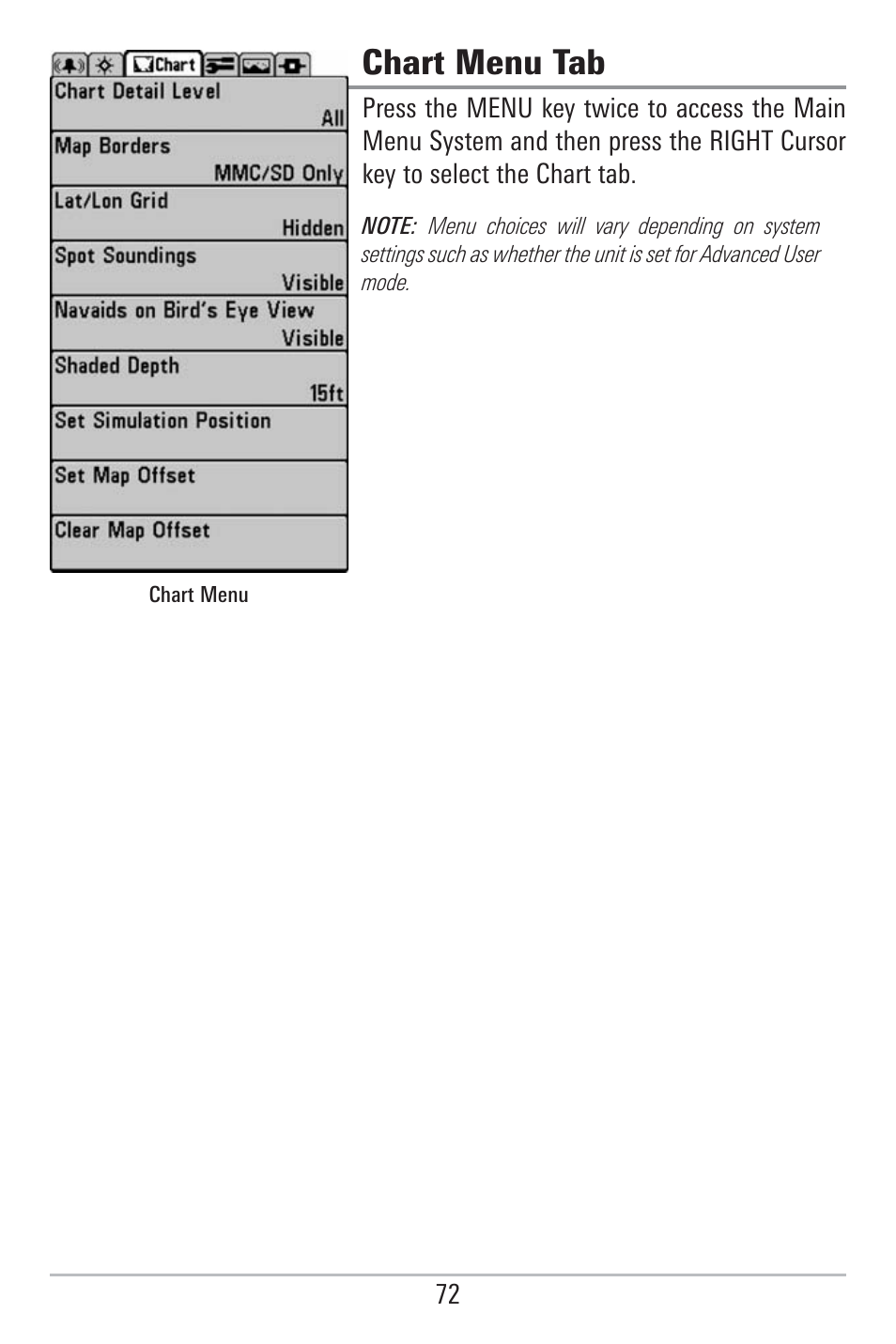 Chart menu tab | Humminbird 785C2I User Manual | Page 80 / 120