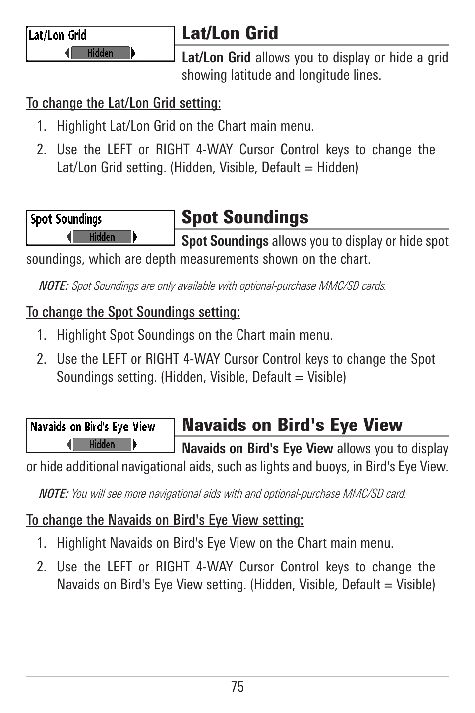 Lat/lon grid, Spot soundings, Navaids on bird's eye view | Humminbird 785C2I User Manual | Page 83 / 120