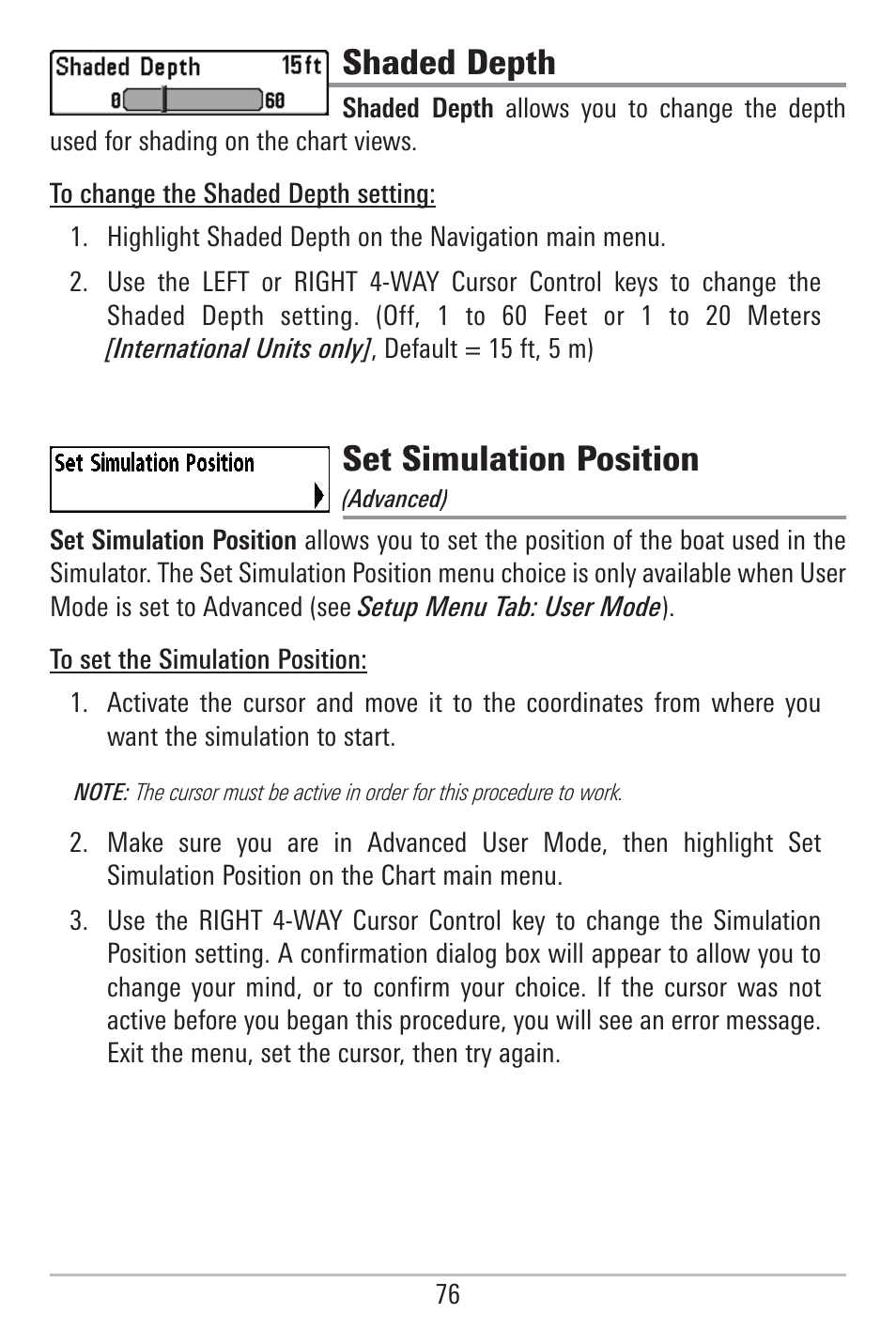 Shaded depth, Set simulation position | Humminbird 785C2I User Manual | Page 84 / 120