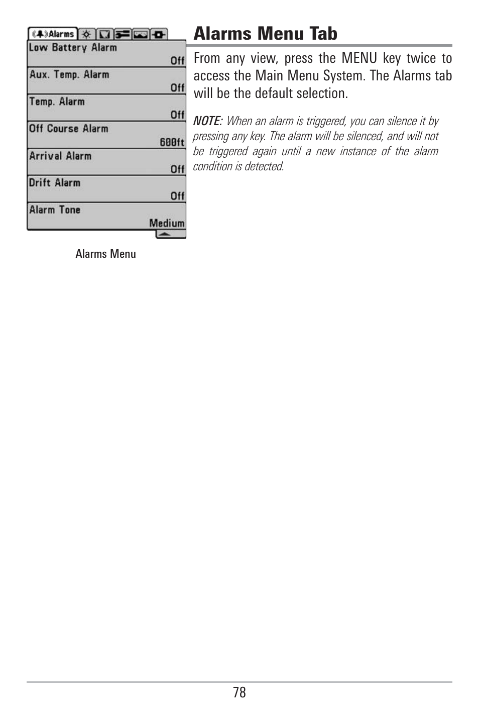 Alarms menu tab | Humminbird 785C2I User Manual | Page 86 / 120