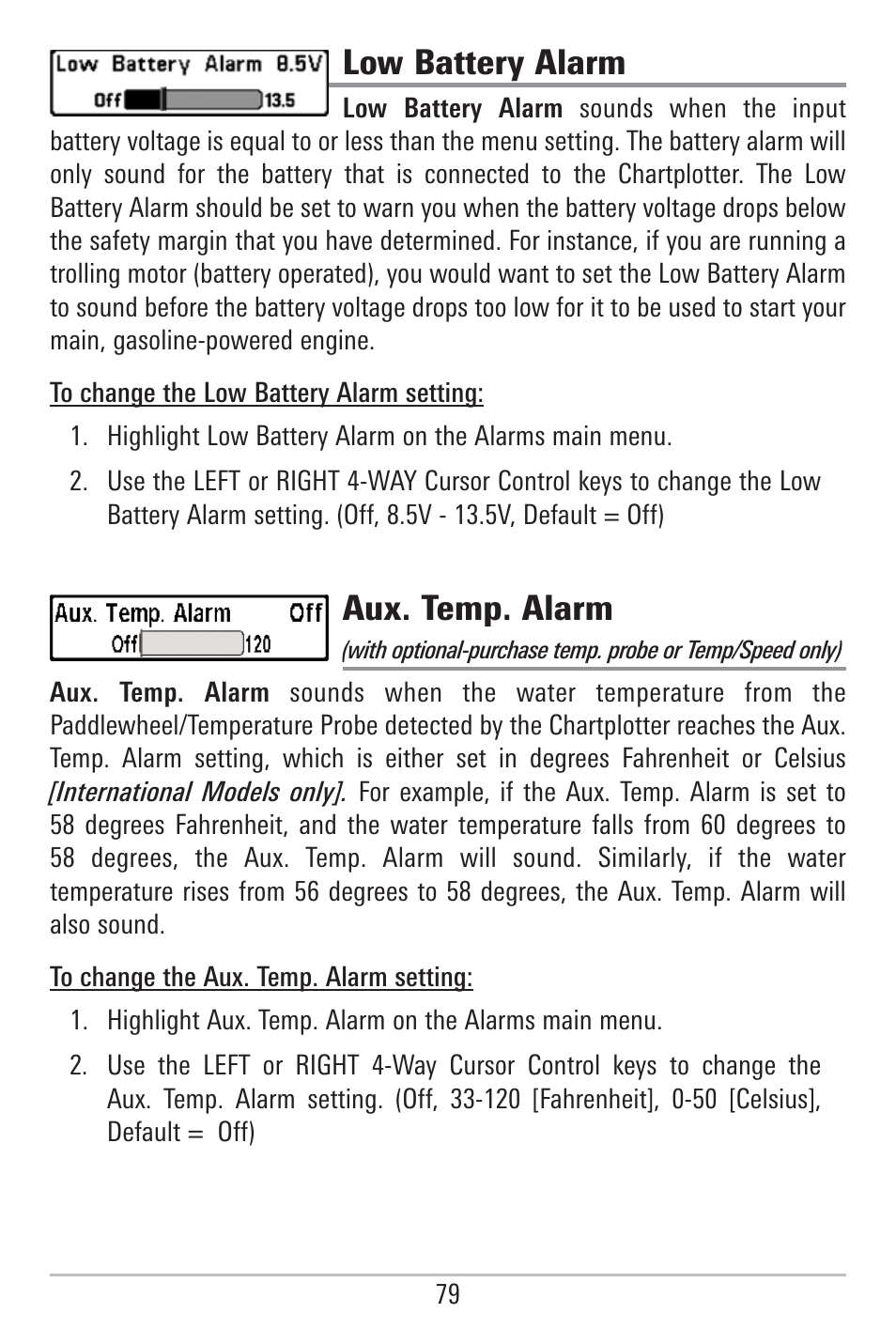 Low battery alarm, Aux. temp. alarm | Humminbird 785C2I User Manual | Page 87 / 120