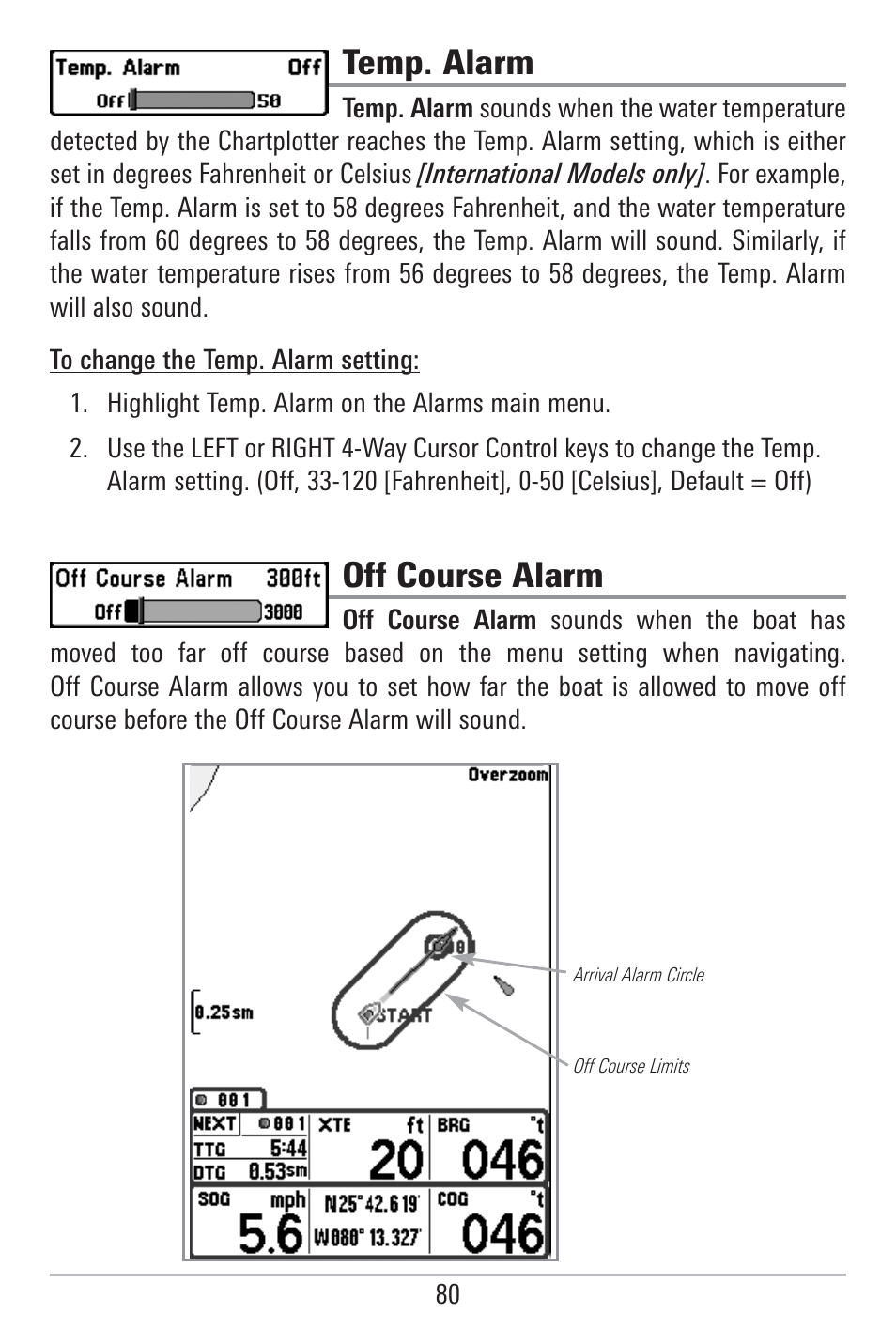 Temp. alarm, Off course alarm | Humminbird 785C2I User Manual | Page 88 / 120