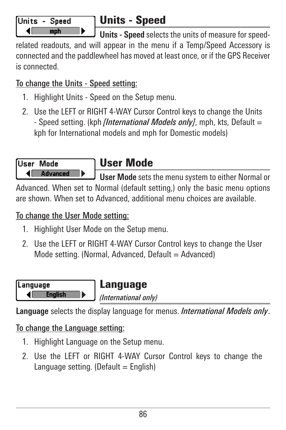 Units - speed, User mode, Language | Humminbird 785C2I User Manual | Page 94 / 120