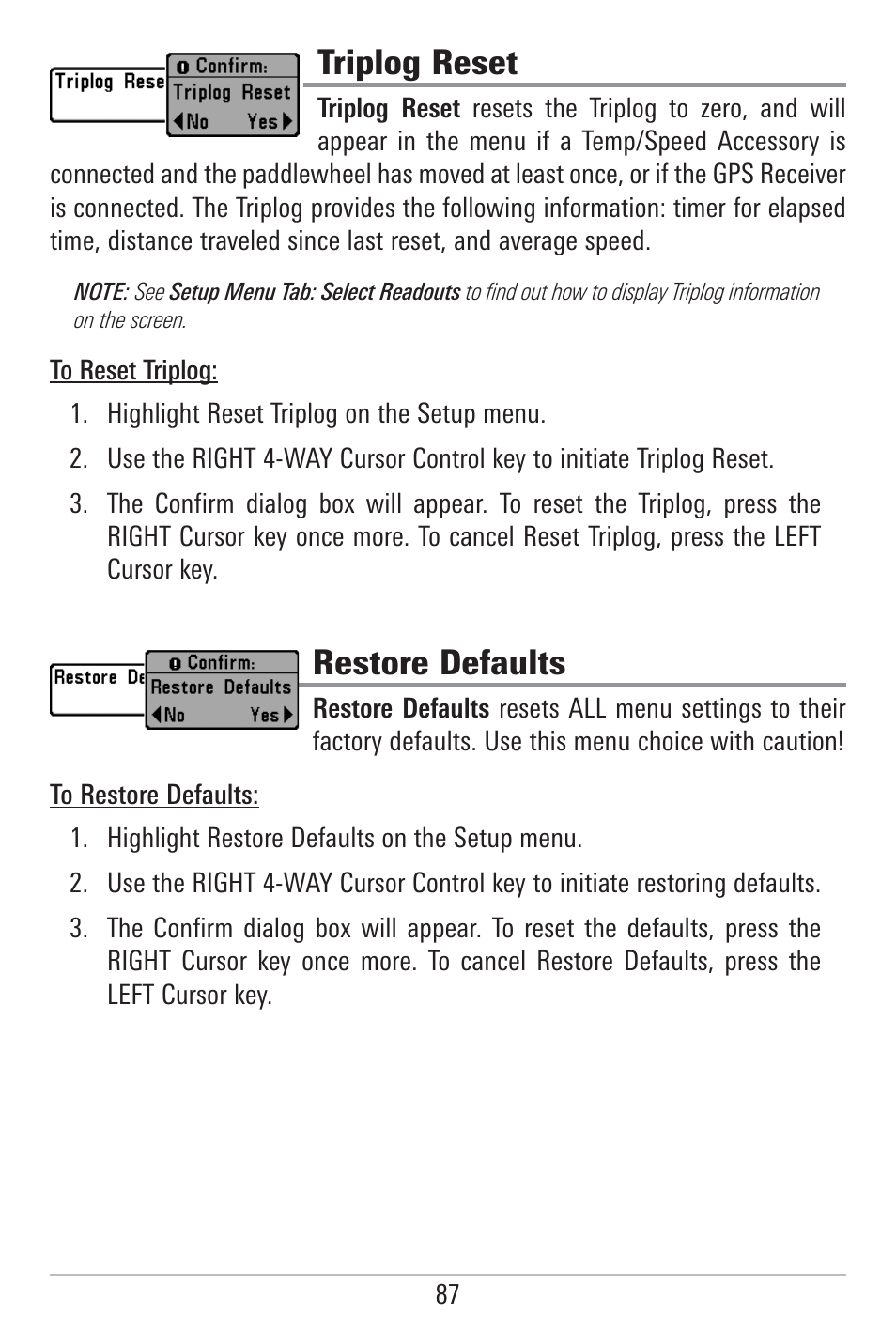 Triplog reset, Restore defaults | Humminbird 785C2I User Manual | Page 95 / 120