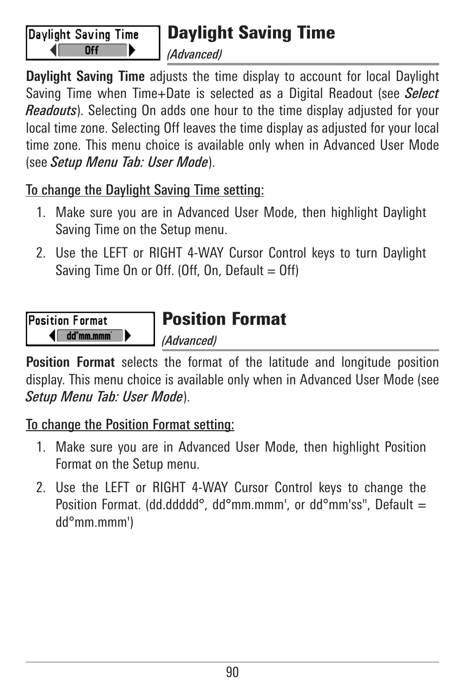 Daylight saving time, Position format | Humminbird 785C2I User Manual | Page 98 / 120