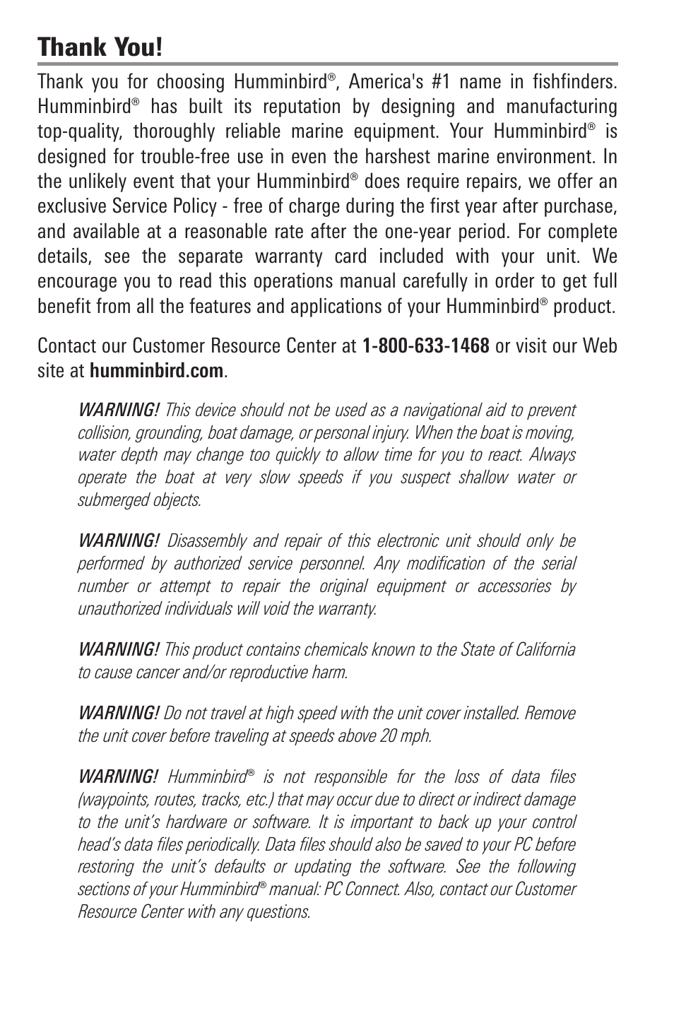 Thank you, Warnings | Humminbird 778C User Manual | Page 2 / 107