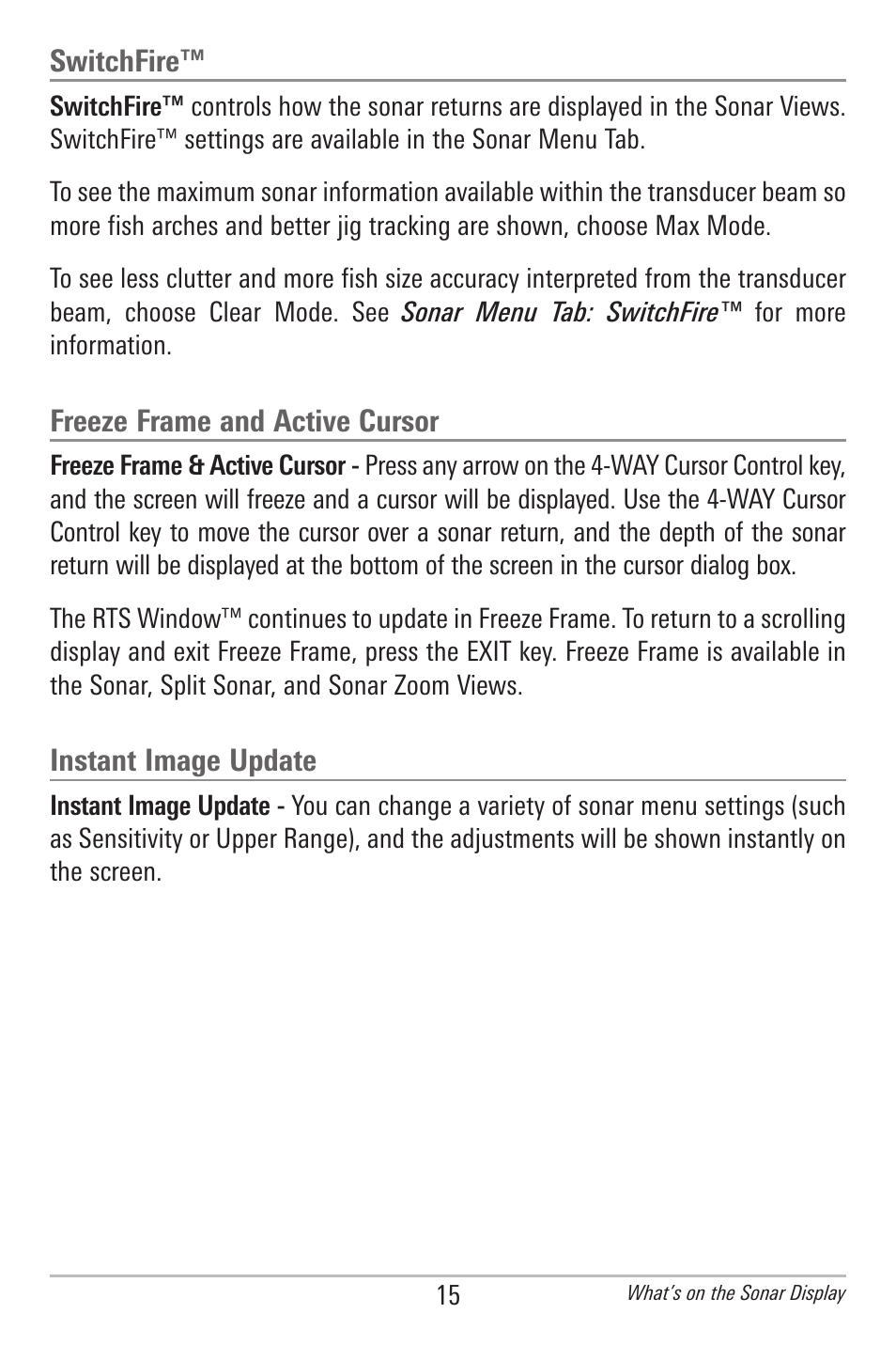 Switchfire, Freeze frame and active cursor, Instant image update | Humminbird 778C User Manual | Page 23 / 107