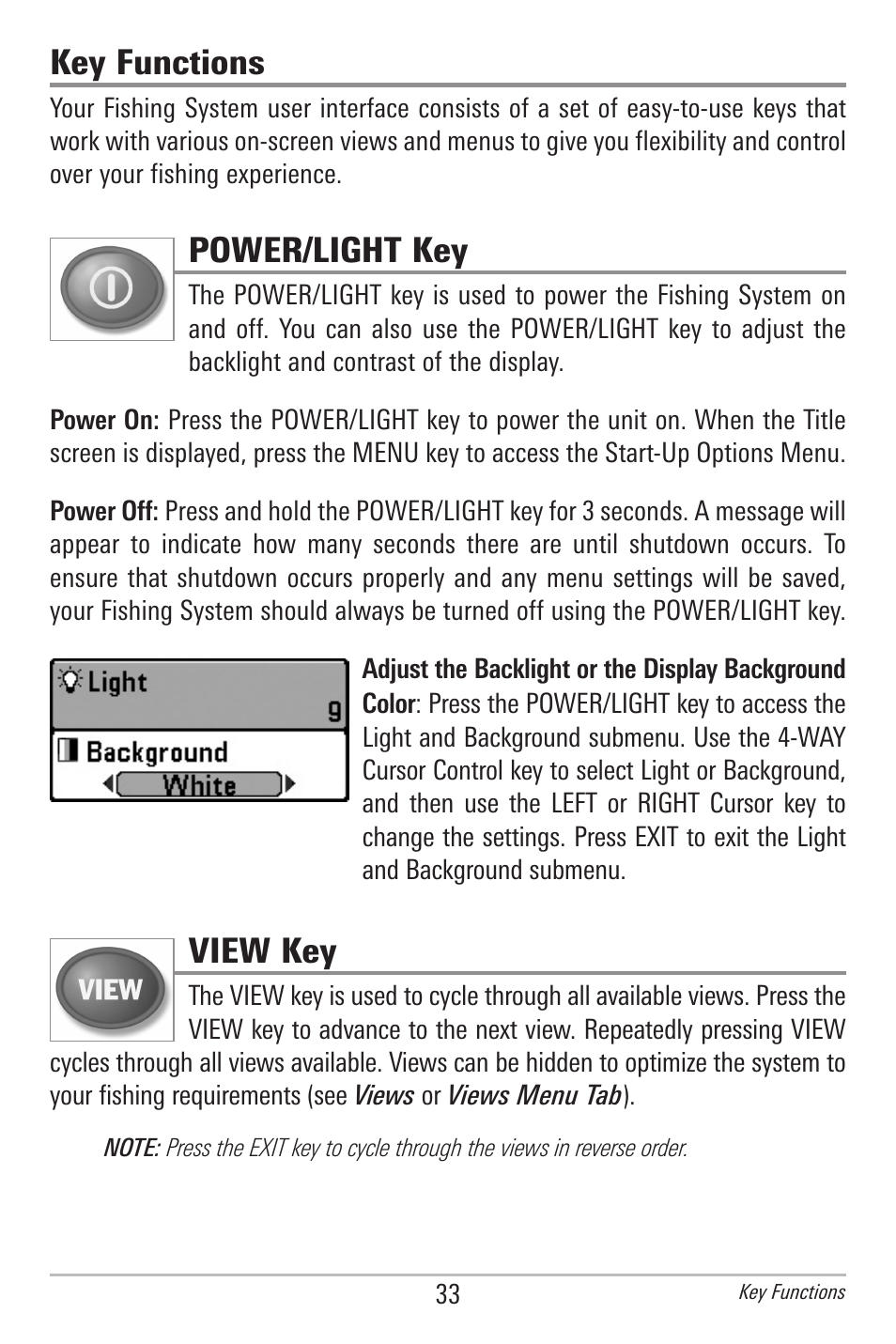 Key functions, Power/light key, View key | Humminbird 778C User Manual | Page 41 / 107