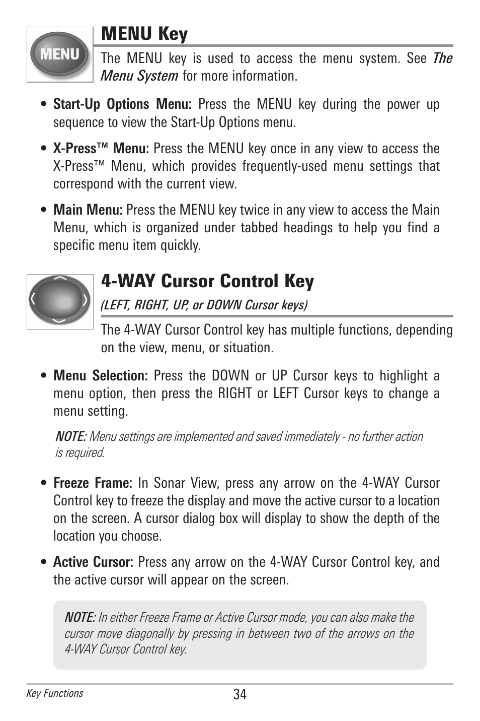 Menu key, Way cursor control key | Humminbird 778C User Manual | Page 42 / 107