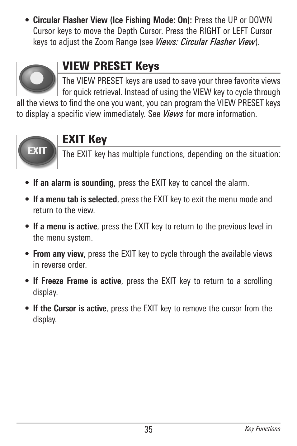View preset keys, Exit key | Humminbird 778C User Manual | Page 43 / 107